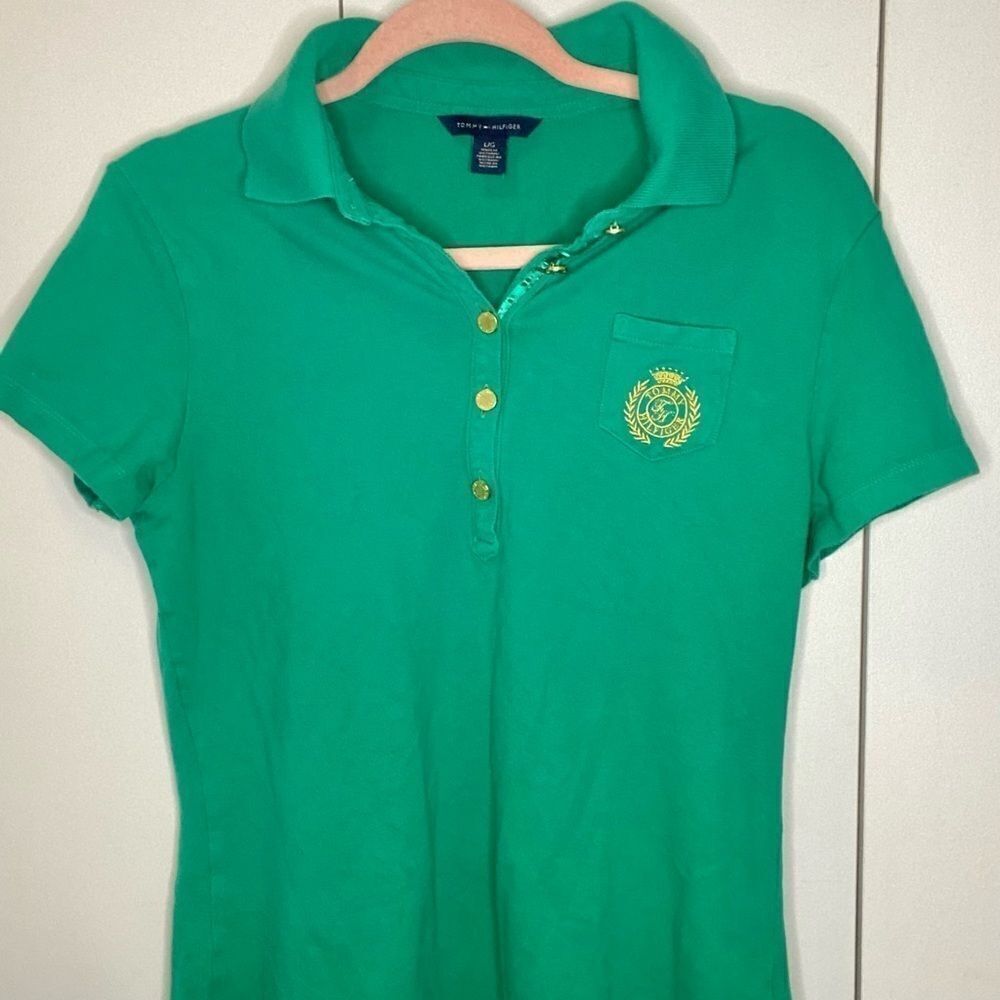 🌷 Tommy Hilfiger🌷 Vintage Bright Green Polo Shirt With Gold Embroidered Logo - Picture 4 of 5